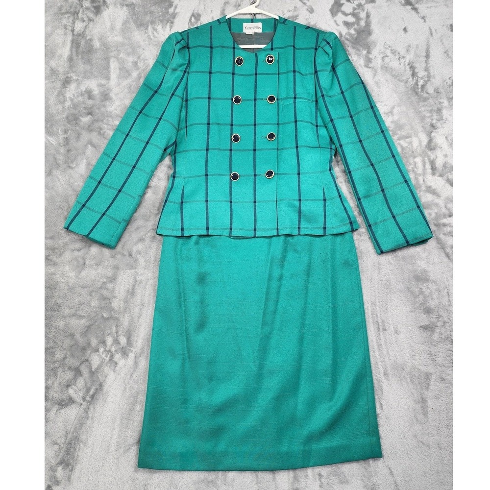 Vintage Karen Ellis Skirt‎ Suit Womens 12 Green Blue Plaid Pencil Office Preppy